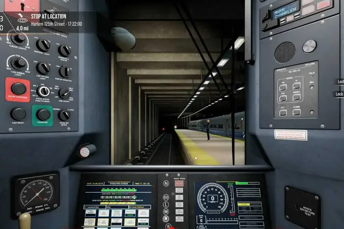 Screenshot showing a point of view shot of inside a Metro-North train cab featuring switches to power the train.